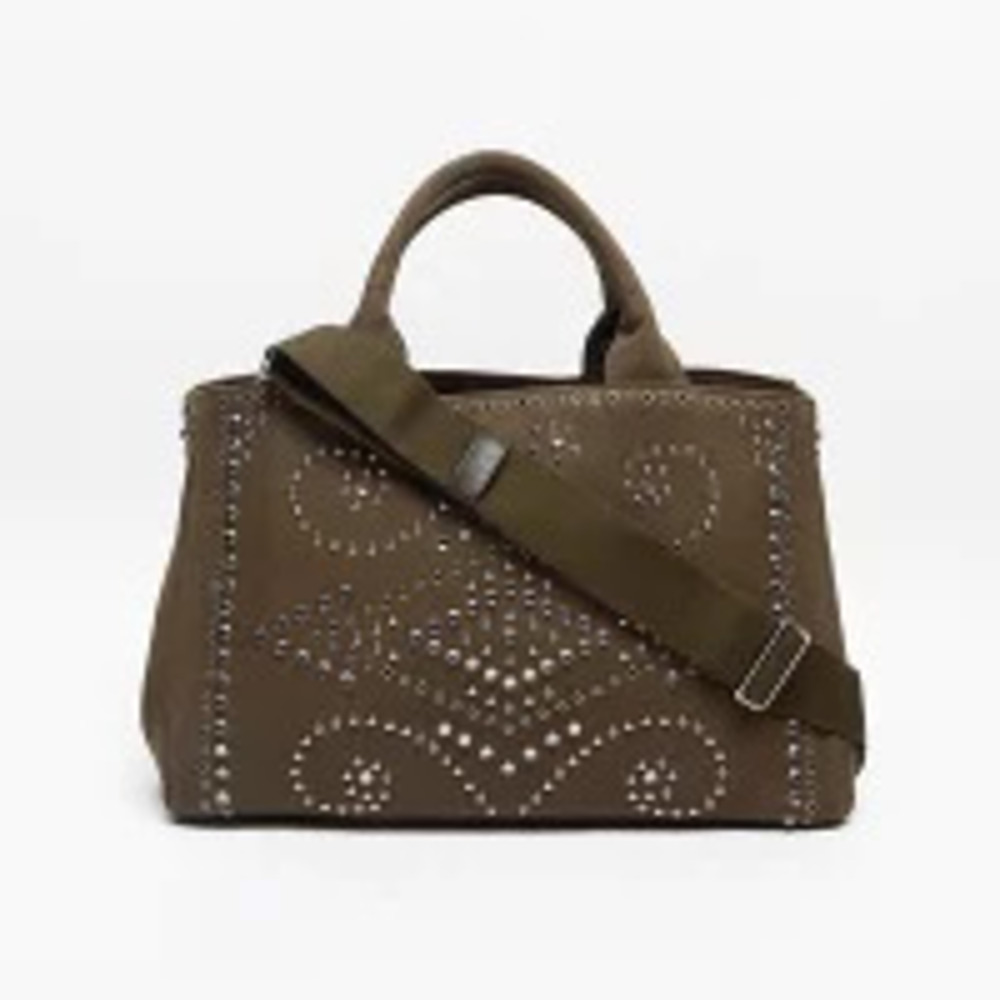 Prada Bag Tote Studded Canapa Green Khaki Canvas